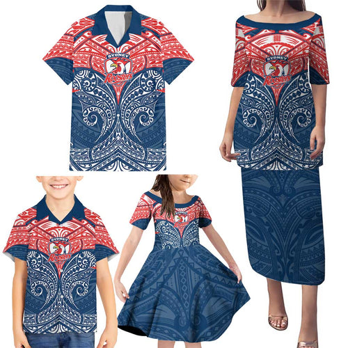 Personalized Sydney Roosters Family Matching Puletasi and Hawaiian Shirt Polynesian Tribal Pattern Style