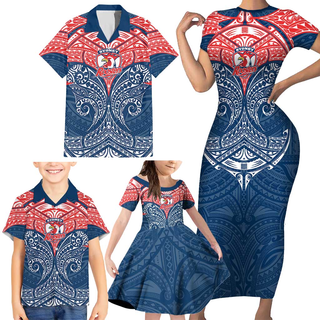 Personalized Sydney Roosters Family Matching Short Sleeve Bodycon Dress and Hawaiian Shirt Polynesian Tribal Pattern Style