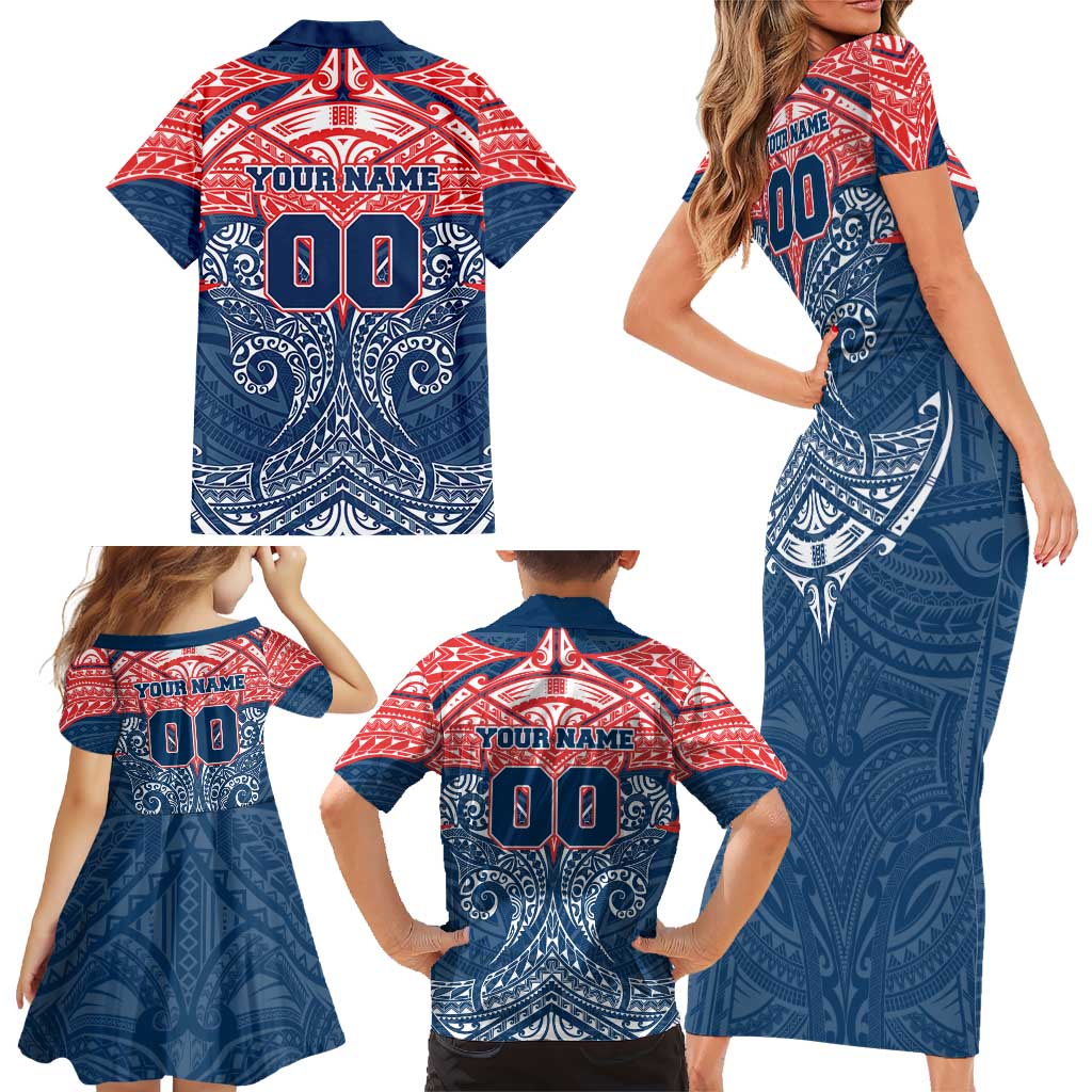 Personalized Sydney Roosters Family Matching Short Sleeve Bodycon Dress and Hawaiian Shirt Polynesian Tribal Pattern Style