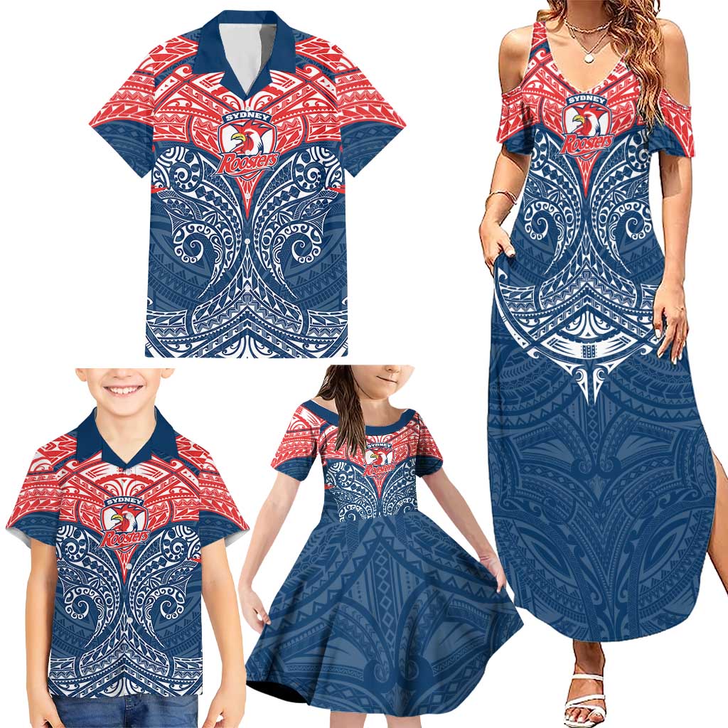 Personalized Sydney Roosters Family Matching Summer Maxi Dress and Hawaiian Shirt Polynesian Tribal Pattern Style
