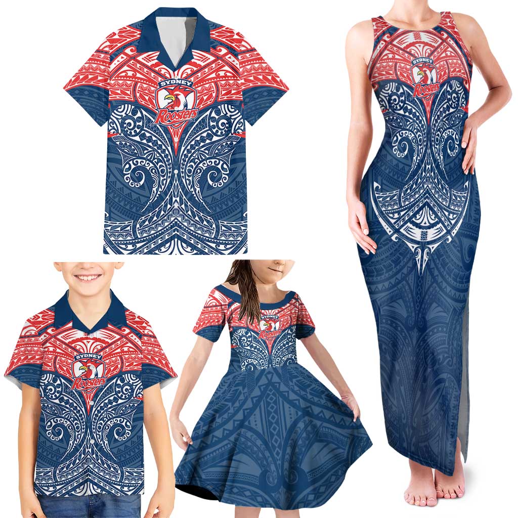 Personalized Sydney Roosters Family Matching Tank Maxi Dress and Hawaiian Shirt Polynesian Tribal Pattern Style