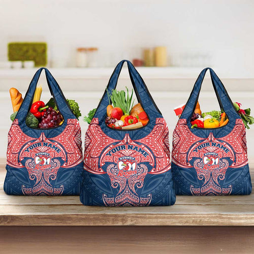 Personalized Sydney Roosters Grocery Bag Polynesian Tribal Pattern Style