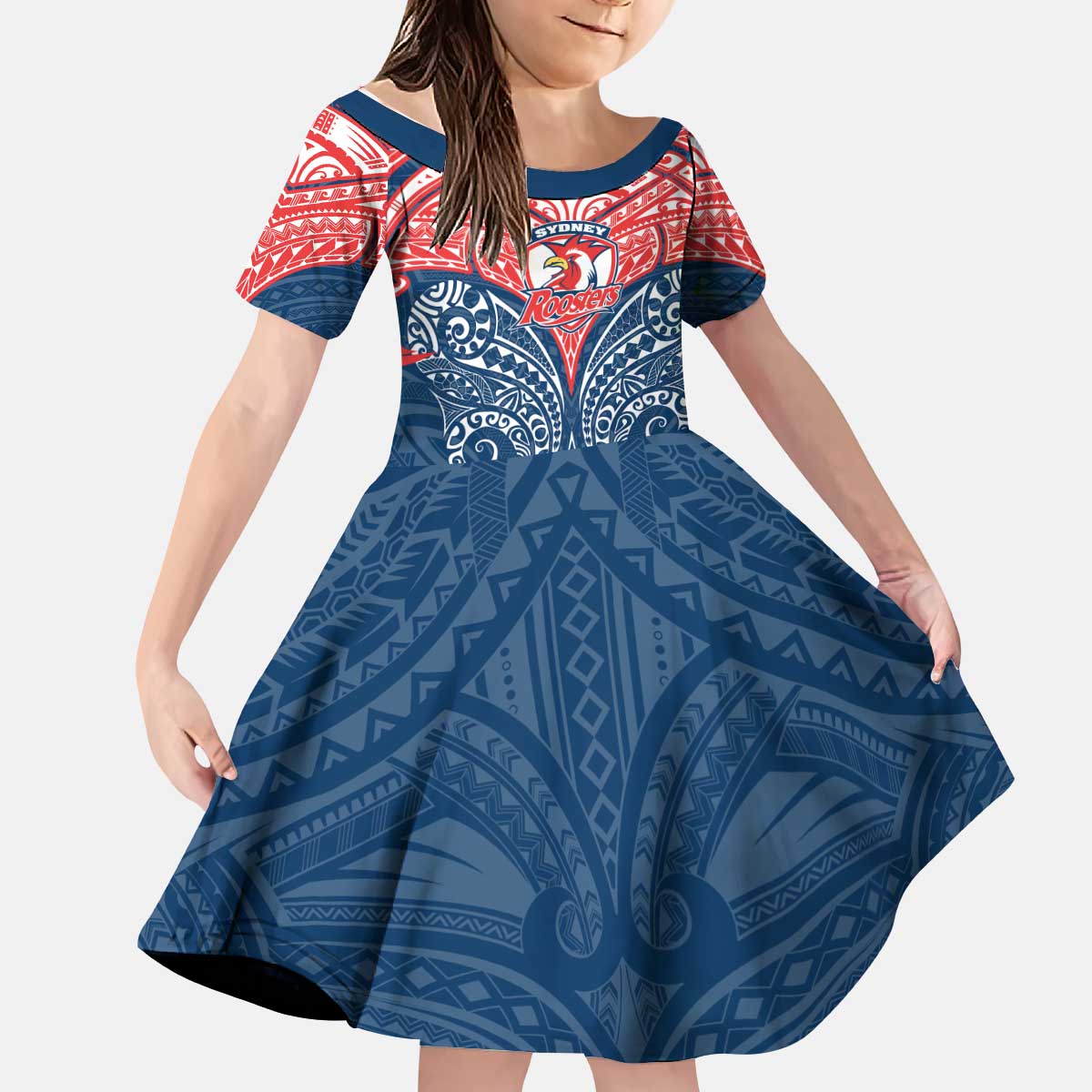 Personalized Sydney Roosters Kid Short Sleeve Dress Polynesian Tribal Pattern Style