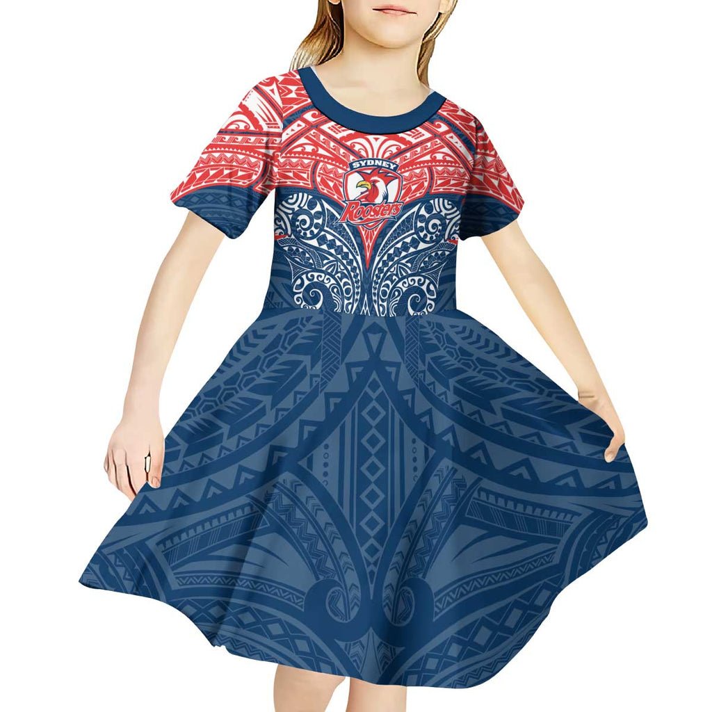 Personalized Sydney Roosters Kid Short Sleeve Dress Polynesian Tribal Pattern Style
