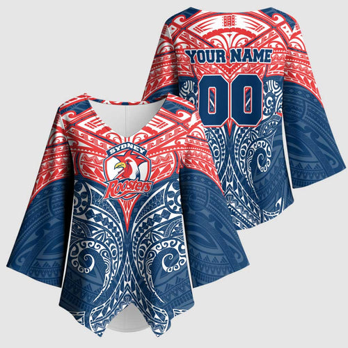 Personalized Sydney Roosters Kimono Sleeve Blouse Polynesian Tribal Pattern Style