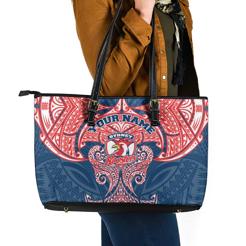 Personalized Sydney Roosters Leather Tote Bag Polynesian Tribal Pattern Style
