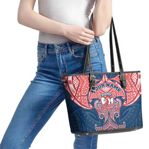 Personalized Sydney Roosters Leather Tote Bag Polynesian Tribal Pattern Style