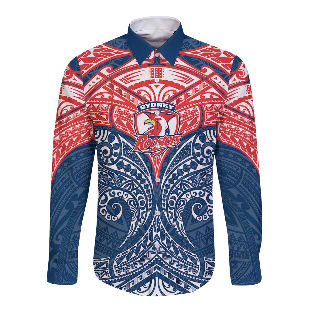 Personalized Sydney Roosters Long Sleeve Button Shirt Polynesian Tribal Pattern Style