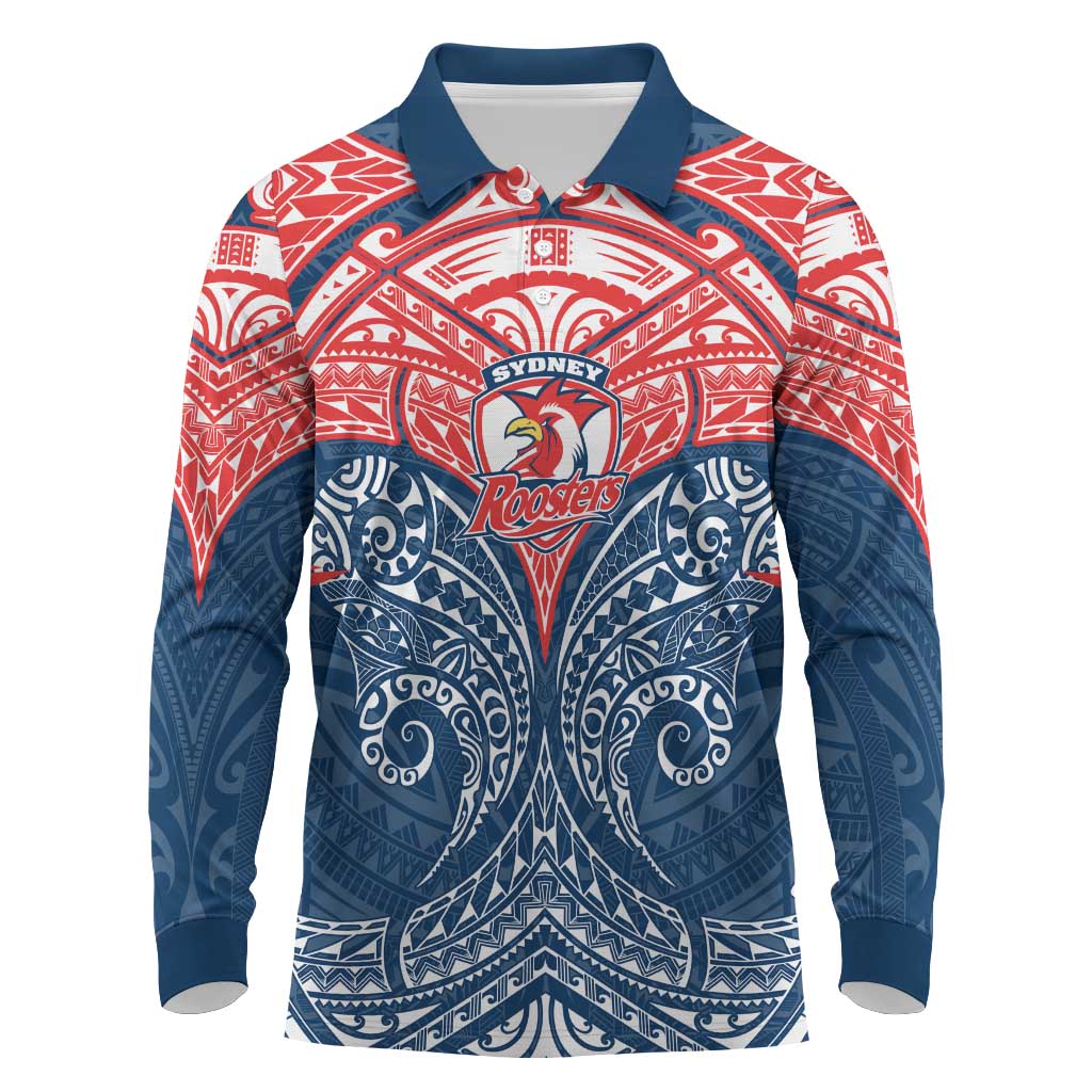 Personalized Sydney Roosters Long Sleeve Polo Shirt Polynesian Tribal Pattern Style