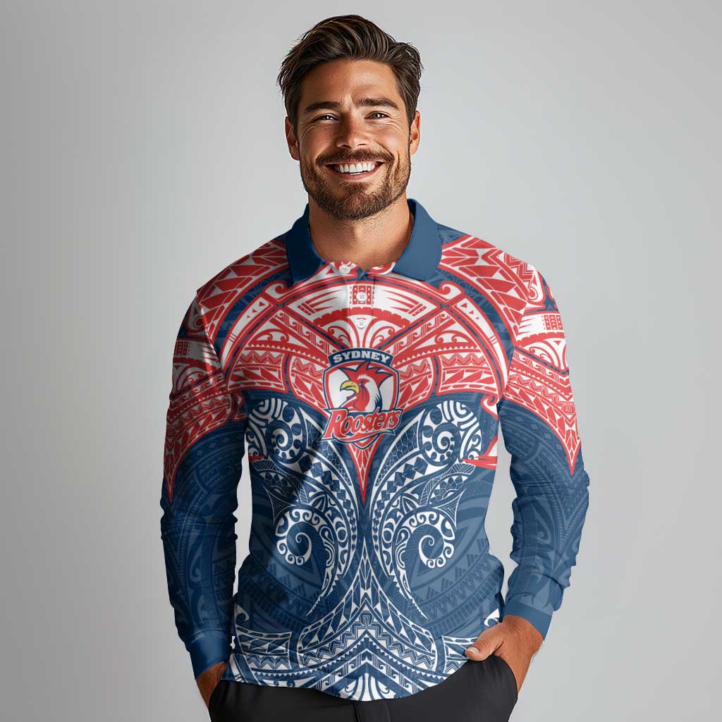 Personalized Sydney Roosters Long Sleeve Polo Shirt Polynesian Tribal Pattern Style