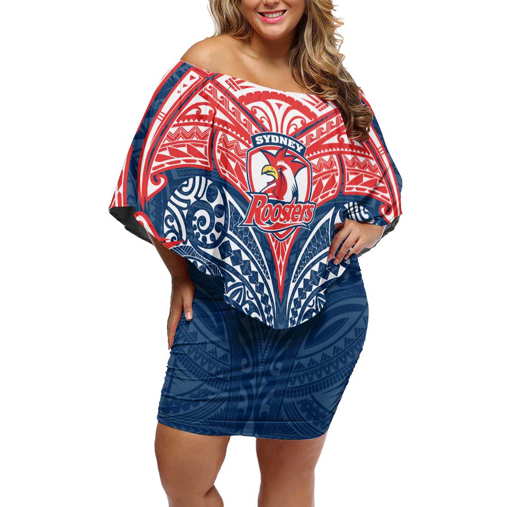 Personalized Sydney Roosters Off Shoulder Short Dress Polynesian Tribal Pattern Style