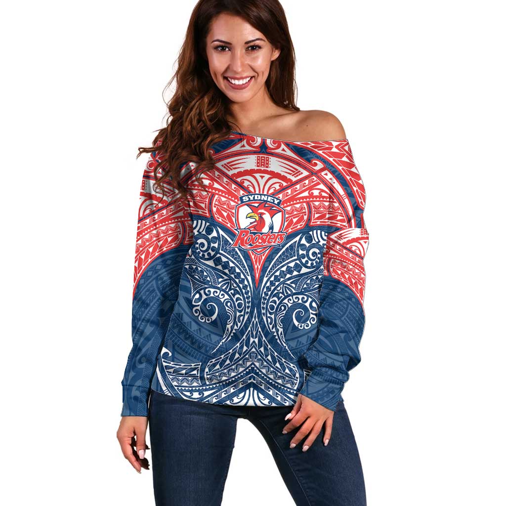 Personalized Sydney Roosters Off Shoulder Sweater Polynesian Tribal Pattern Style