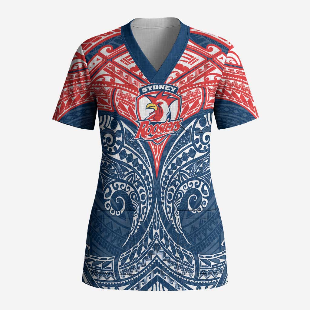 Personalized Sydney Roosters Scrub Top Polynesian Tribal Pattern Style