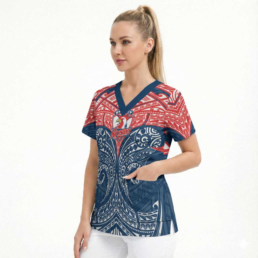 Personalized Sydney Roosters Scrub Top Polynesian Tribal Pattern Style