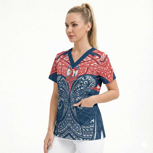 Personalized Sydney Roosters Scrub Top Polynesian Tribal Pattern Style