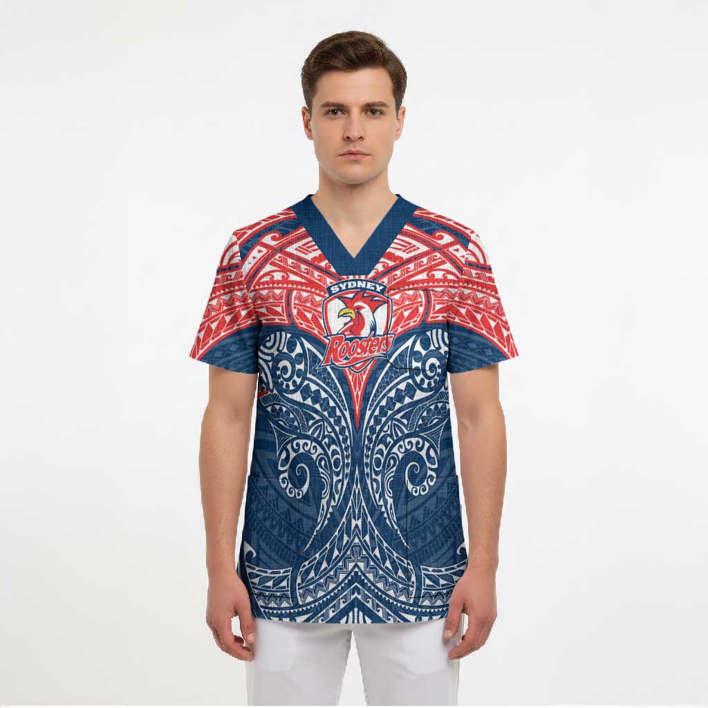 Personalized Sydney Roosters Scrub Top Polynesian Tribal Pattern Style