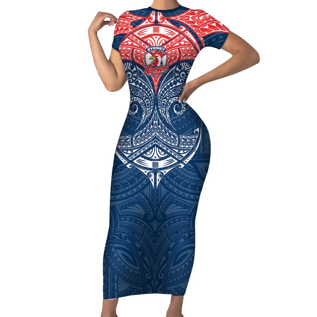 Personalized Sydney Roosters Short Sleeve Bodycon Dress Polynesian Tribal Pattern Style