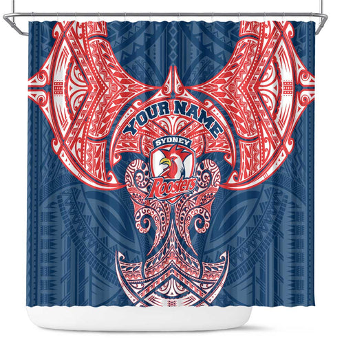 Personalized Sydney Roosters Shower Curtain Polynesian Tribal Pattern Style