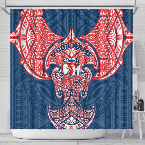 Personalized Sydney Roosters Shower Curtain Polynesian Tribal Pattern Style