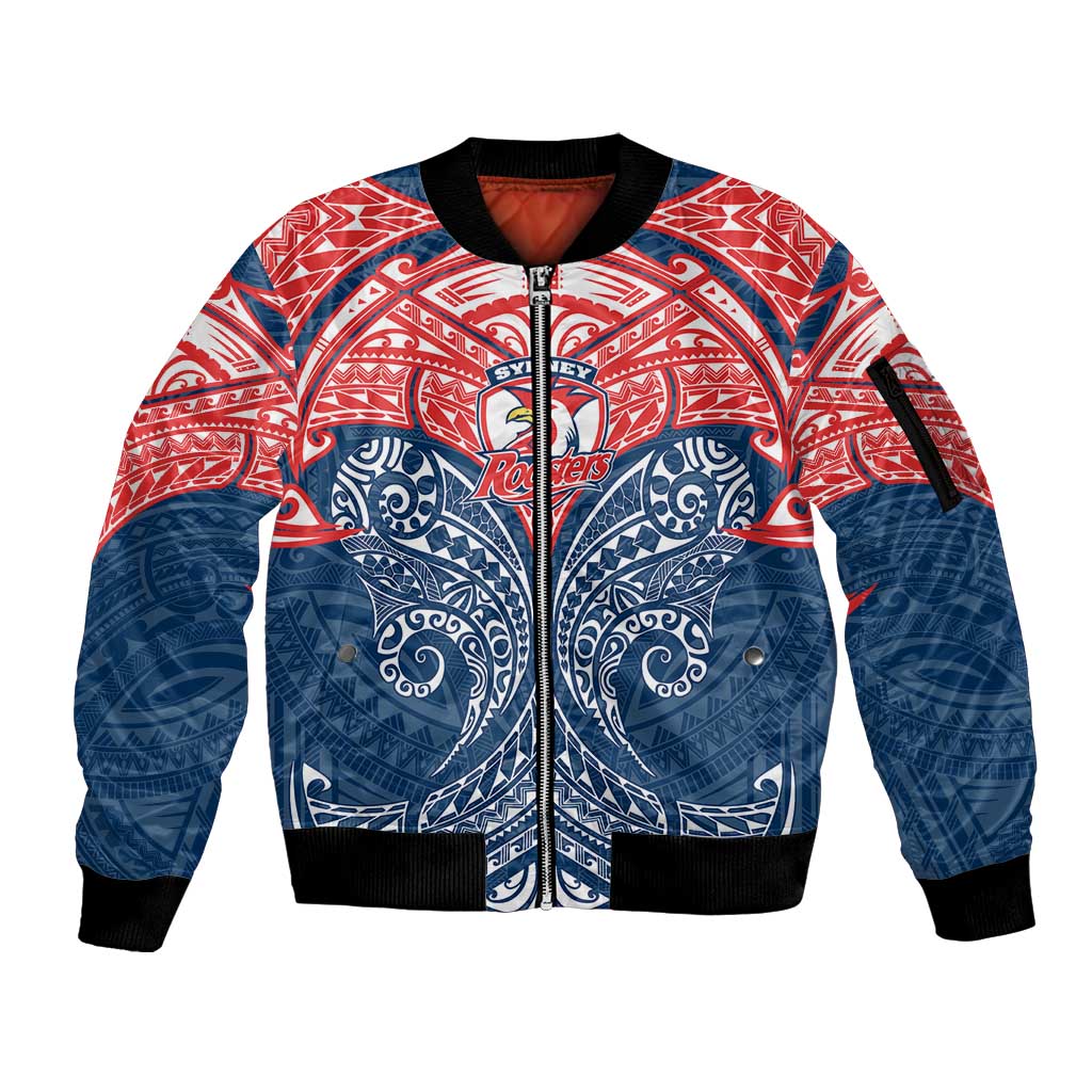Personalized Sydney Roosters Sleeve Zip Bomber Jacket Polynesian Tribal Pattern Style
