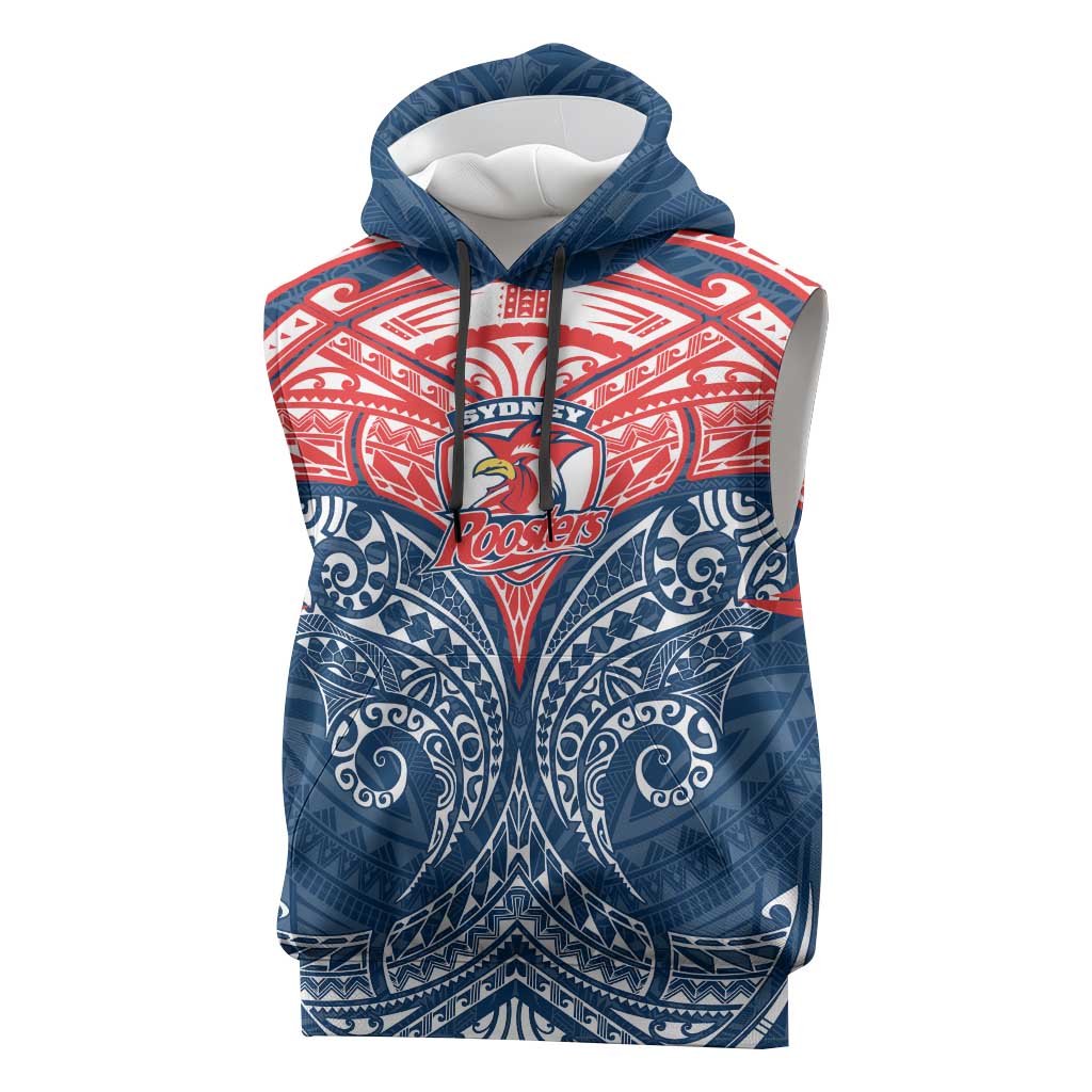Personalized Sydney Roosters Sleeveless Hoodie Polynesian Tribal Pattern Style