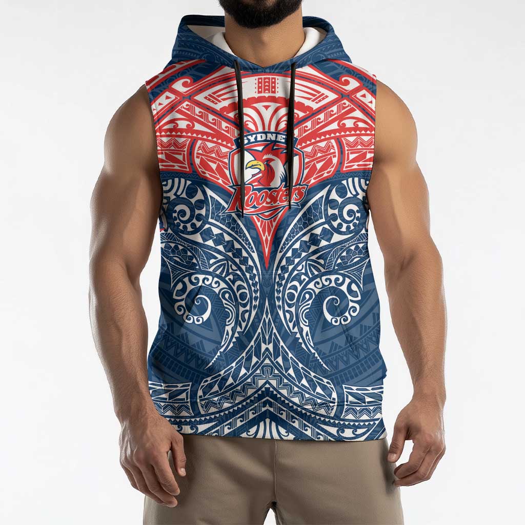Personalized Sydney Roosters Sleeveless Hoodie Polynesian Tribal Pattern Style