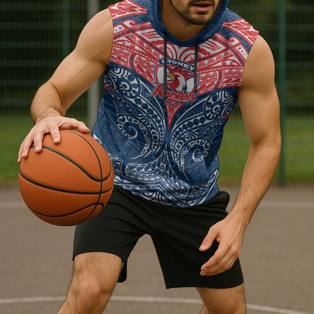 Personalized Sydney Roosters Sleeveless Hoodie Polynesian Tribal Pattern Style