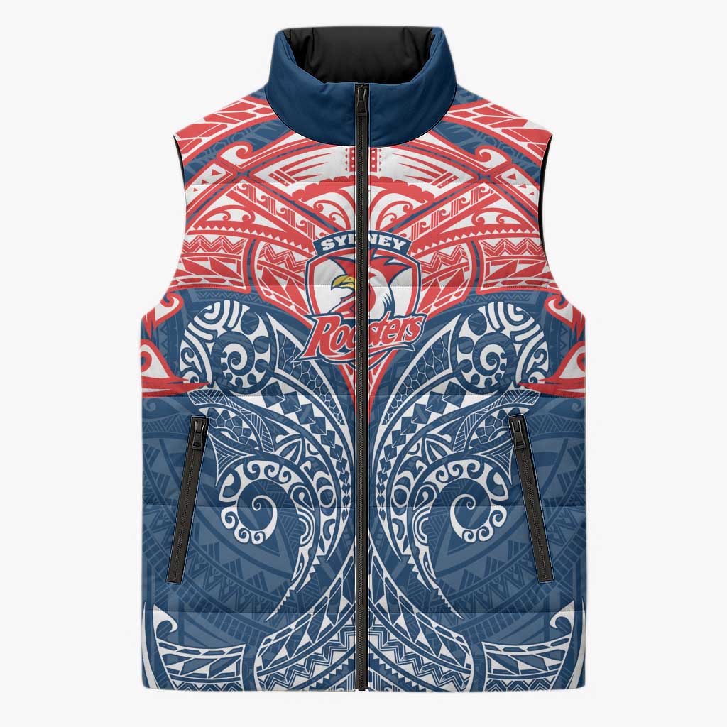 Personalized Sydney Roosters Sleeveless Puffer Jacket Polynesian Tribal Pattern Style