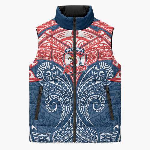 Personalized Sydney Roosters Sleeveless Puffer Jacket Polynesian Tribal Pattern Style