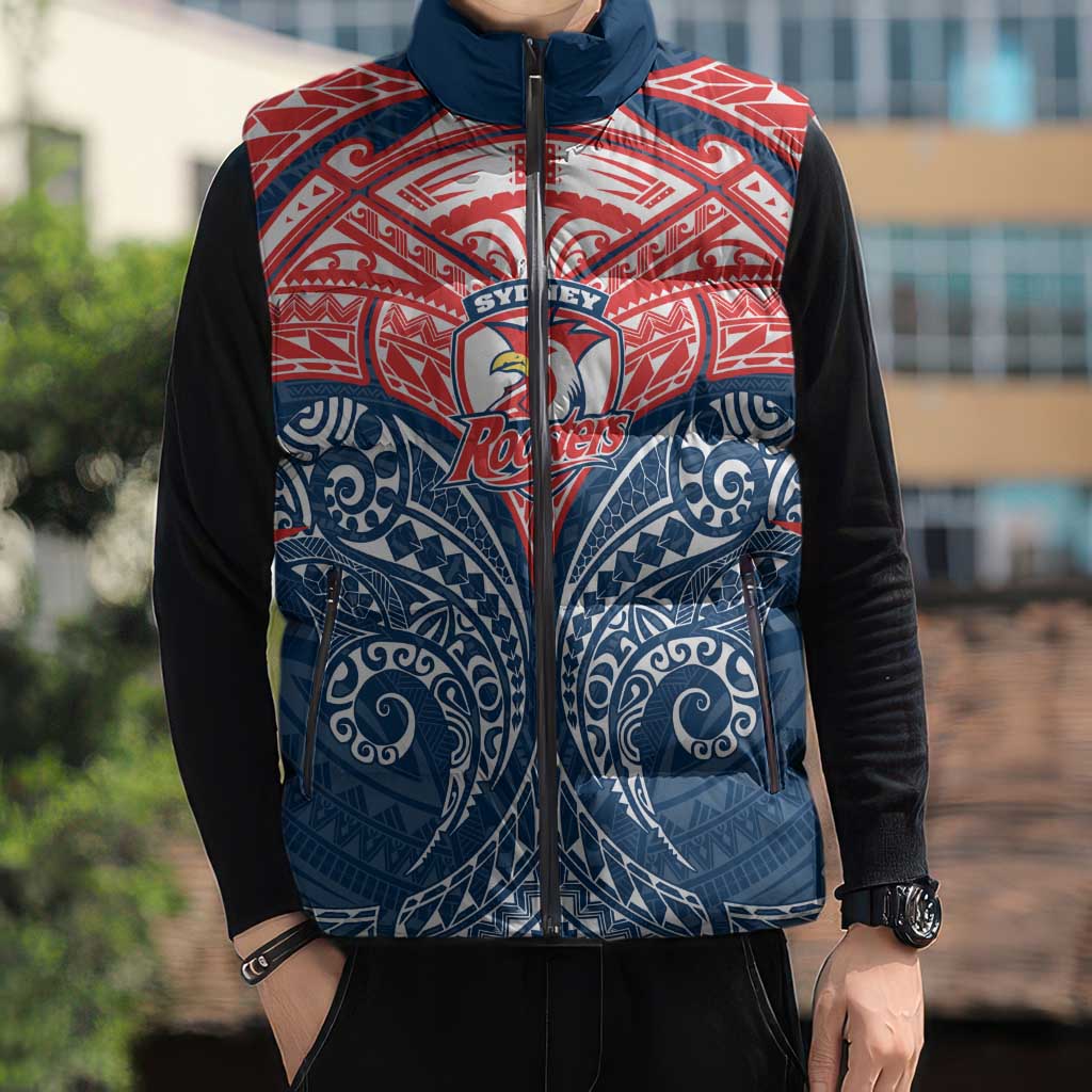 Personalized Sydney Roosters Sleeveless Puffer Jacket Polynesian Tribal Pattern Style