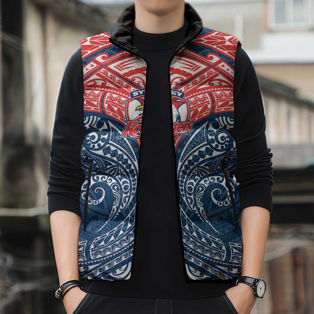 Personalized Sydney Roosters Sleeveless Puffer Jacket Polynesian Tribal Pattern Style