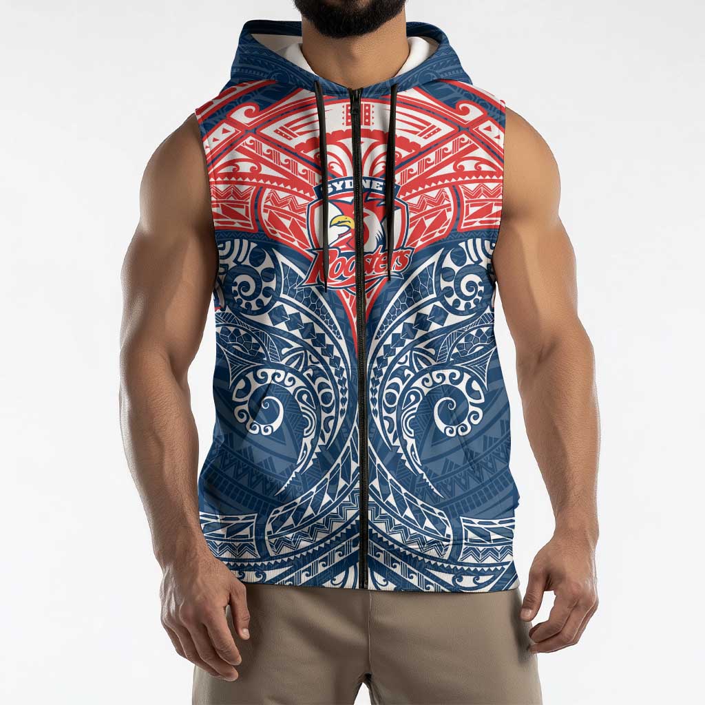Personalized Sydney Roosters Sleeveless Zip Hoodie Polynesian Tribal Pattern Style