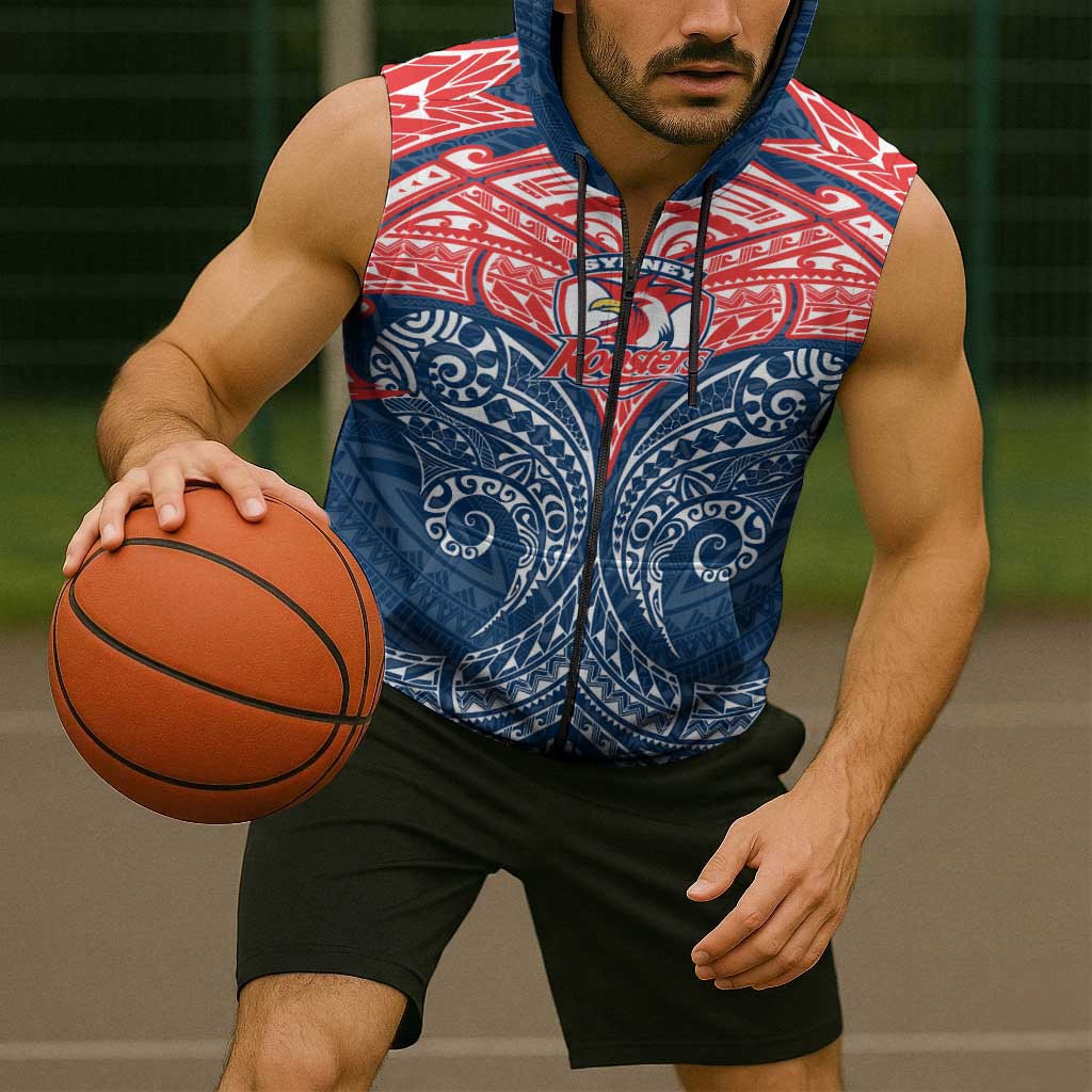 Personalized Sydney Roosters Sleeveless Zip Hoodie Polynesian Tribal Pattern Style