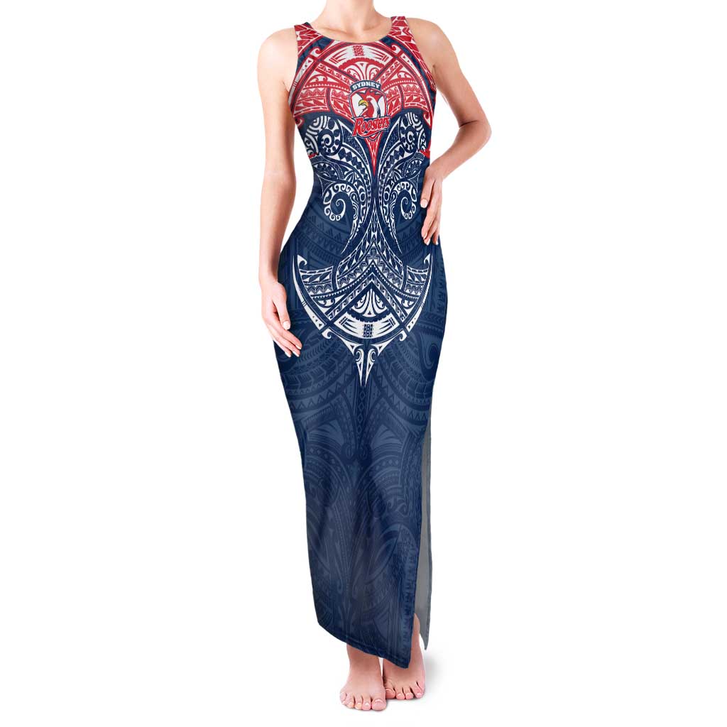 Personalized Sydney Roosters Tank Maxi Dress Polynesian Tribal Pattern Style
