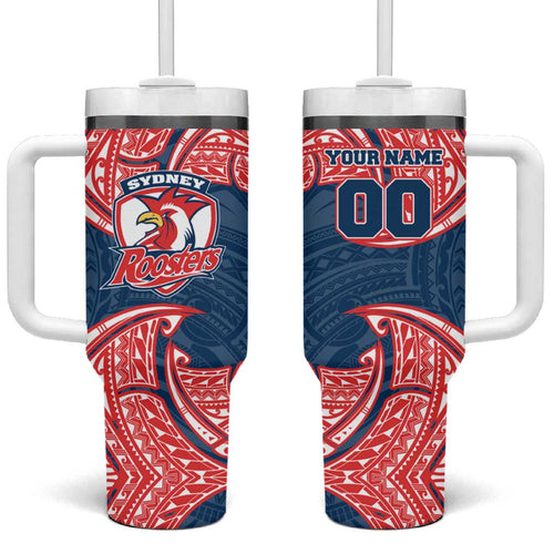 Personalized Sydney Roosters Tumbler With Handle Polynesian Tribal Pattern Style