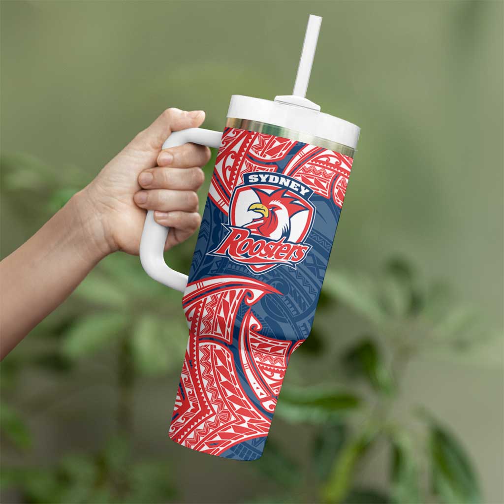 Personalized Sydney Roosters Tumbler With Handle Polynesian Tribal Pattern Style