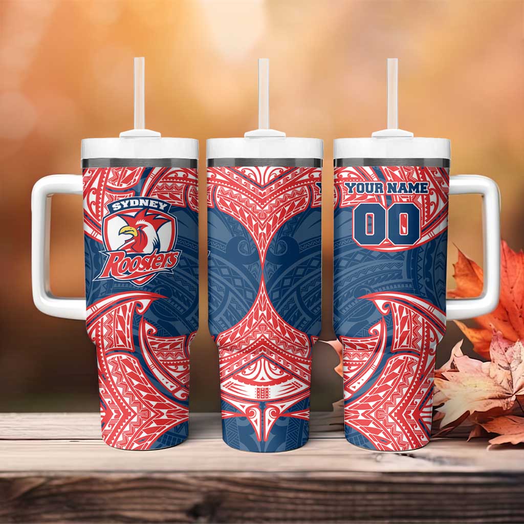Personalized Sydney Roosters Tumbler With Handle Polynesian Tribal Pattern Style