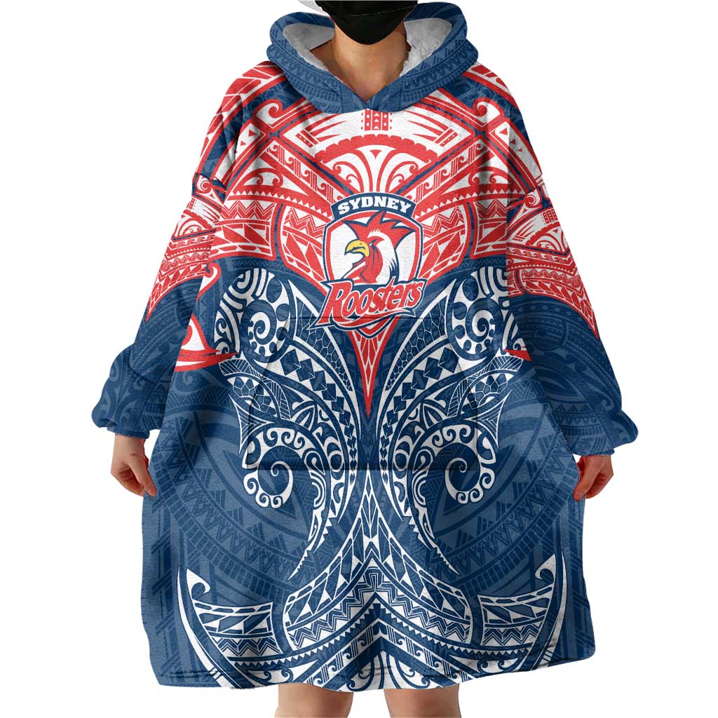 Personalized Sydney Roosters Wearable Blanket Hoodie Polynesian Tribal Pattern Style
