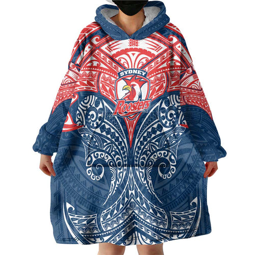 Personalized Sydney Roosters Wearable Blanket Hoodie Polynesian Tribal Pattern Style