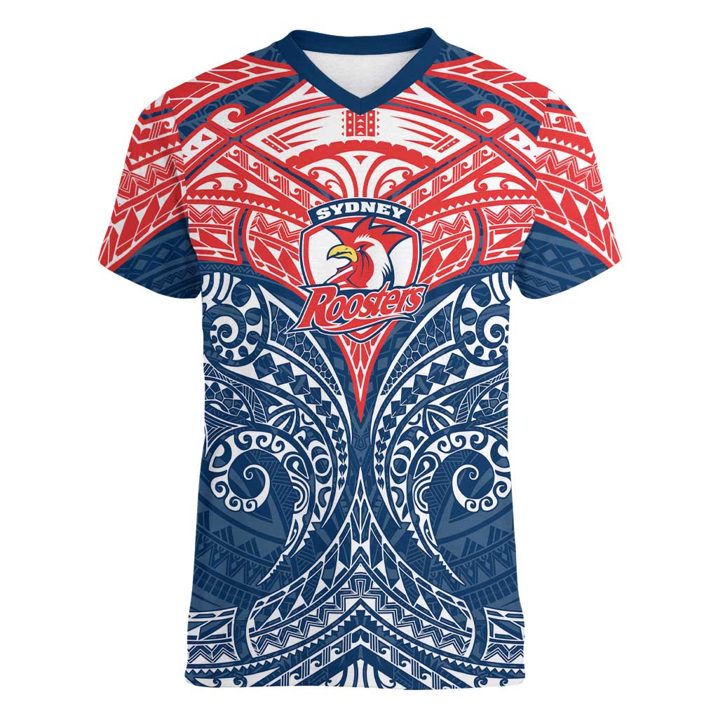Personalized Sydney Roosters Women V-Neck T-Shirt Polynesian Tribal Pattern Style