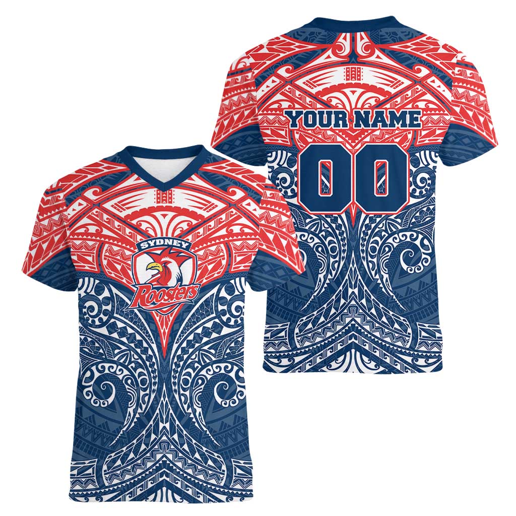 Personalized Sydney Roosters Women V-Neck T-Shirt Polynesian Tribal Pattern Style