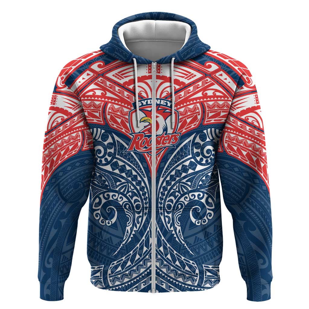 Personalized Sydney Roosters Zip Hoodie Polynesian Tribal Pattern Style