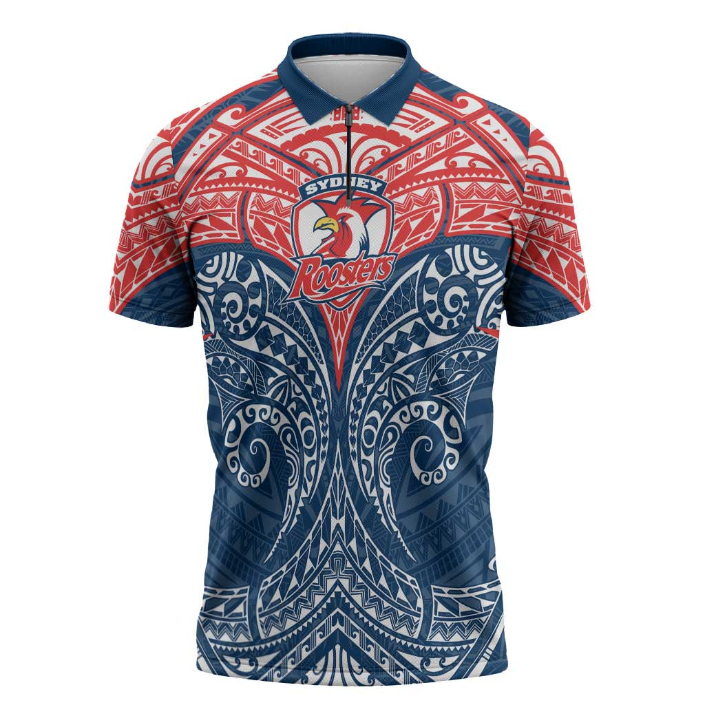 Personalized Sydney Roosters Zipper Polo Shirt Polynesian Tribal Pattern Style