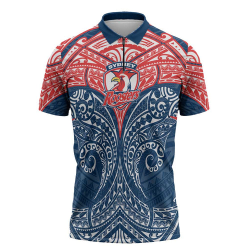 Personalized Sydney Roosters Zipper Polo Shirt Polynesian Tribal Pattern Style