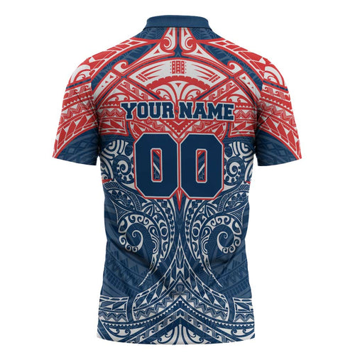 Personalized Sydney Roosters Zipper Polo Shirt Polynesian Tribal Pattern Style
