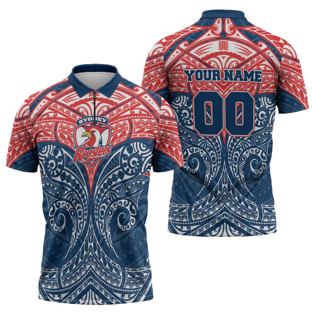 Personalized Sydney Roosters Zipper Polo Shirt Polynesian Tribal Pattern Style