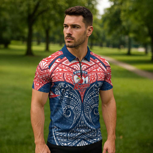 Personalized Sydney Roosters Zipper Polo Shirt Polynesian Tribal Pattern Style