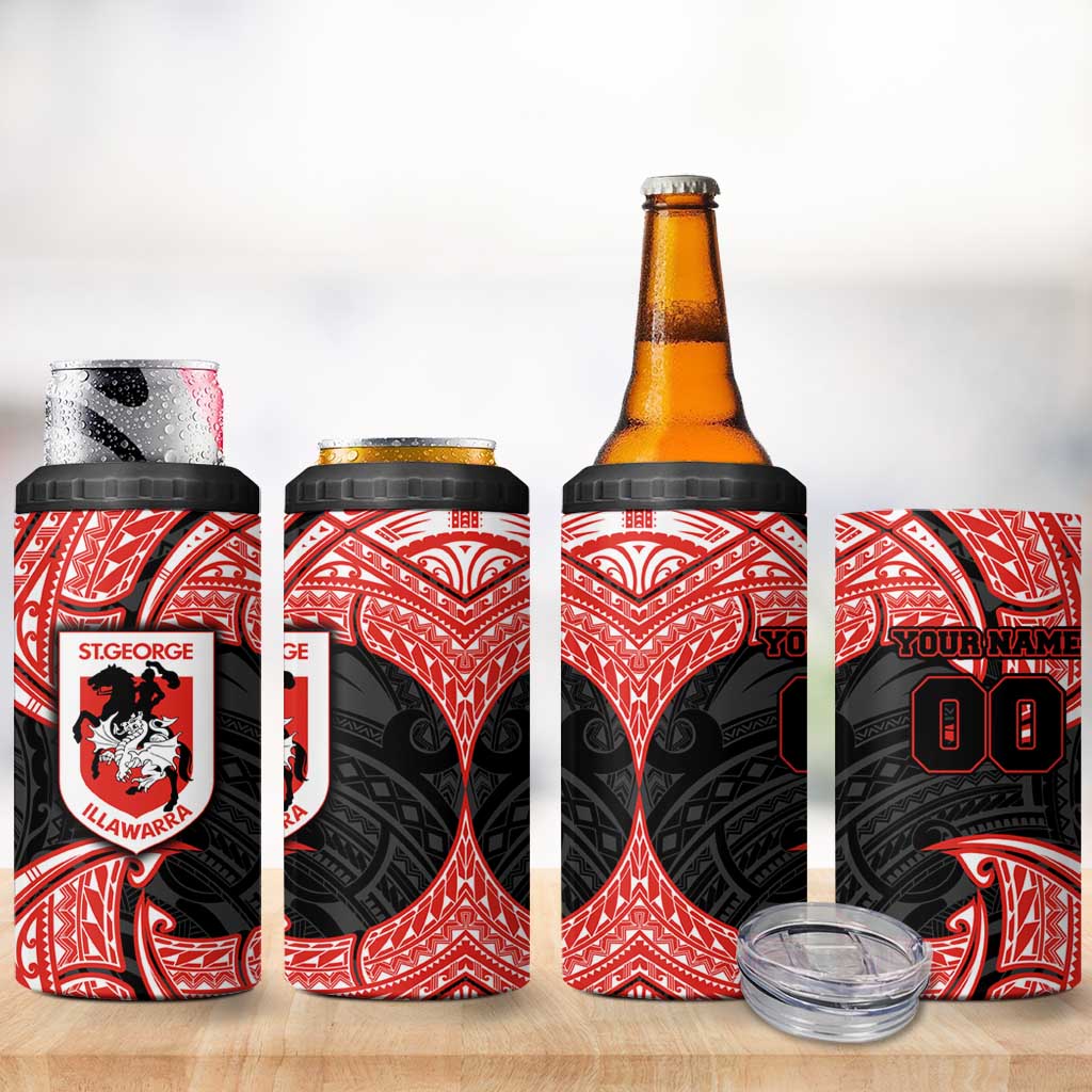 Personalized St. George Illawarra Dragons 4 in 1 Can Cooler Tumbler Polynesian Tribal Pattern Style
