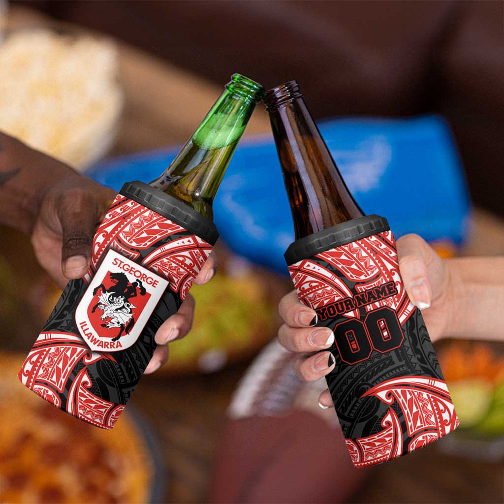 Personalized St. George Illawarra Dragons 4 in 1 Can Cooler Tumbler Polynesian Tribal Pattern Style