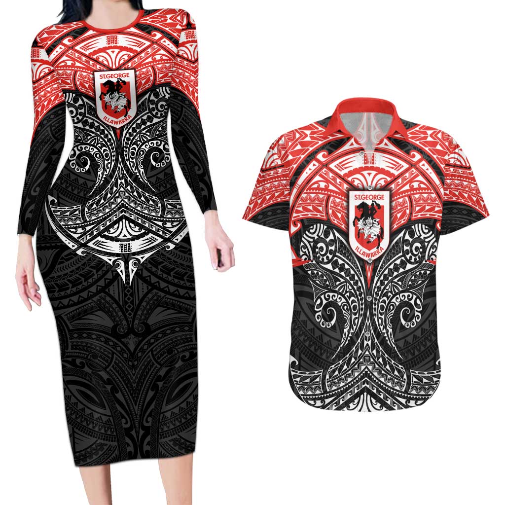 Personalized St. George Illawarra Dragons Couples Matching Long Sleeve Bodycon Dress and Hawaiian Shirt Polynesian Tribal Pattern Style